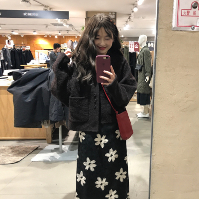 别致独特黑色长袖开衫外套女冬季新款加厚小个子宽松外穿针织毛衣