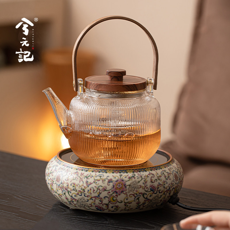 缠枝莲汝窑黑晶炉煮茶壶套组耐高温玻璃泡茶壶烧水壶覆古煮茶器