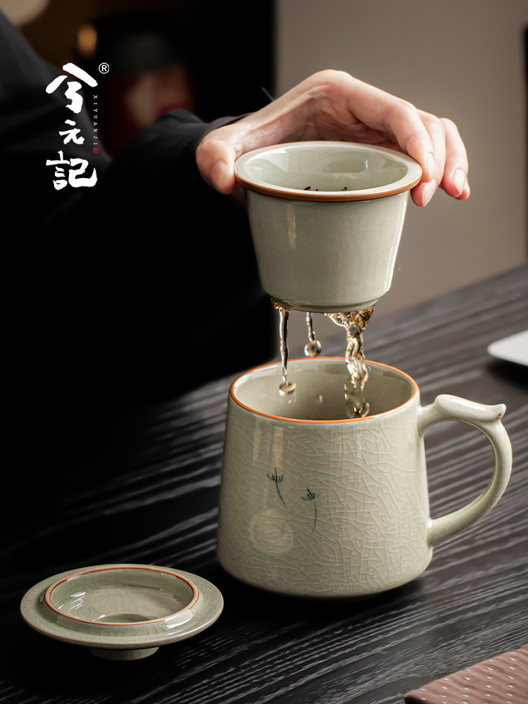 兮元记哥窑手绘茶杯陶瓷茶水分离杯办公室过滤泡茶杯水杯带盖杯子