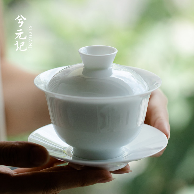 薄胎甜白瓷三才盖碗陶瓷茶杯单个家用大号茶碗带盖泡茶器功夫茶具