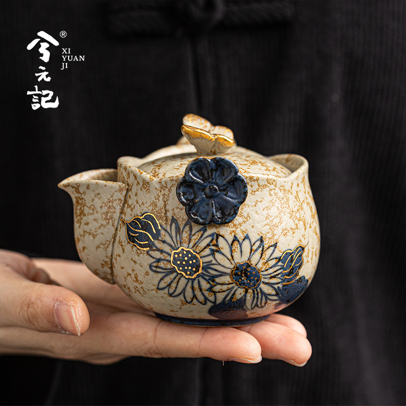 手绘青花陶瓷手抓壶盖碗茶杯单个高档茶碗带盖泡茶一人饮功夫茶具