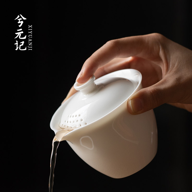 羊脂玉瓷手抓壶茶盖碗茶杯单个高档家用泡茶壶功夫茶具防烫茶碗