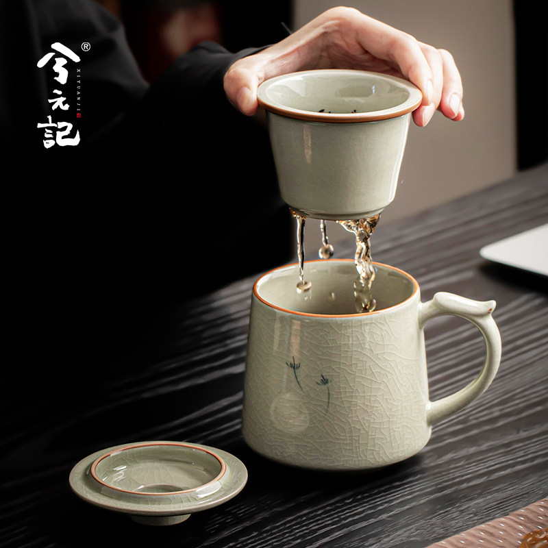 兮元记哥窑手绘茶杯陶瓷茶水分离杯办公室过滤泡茶杯水杯带盖杯子图片