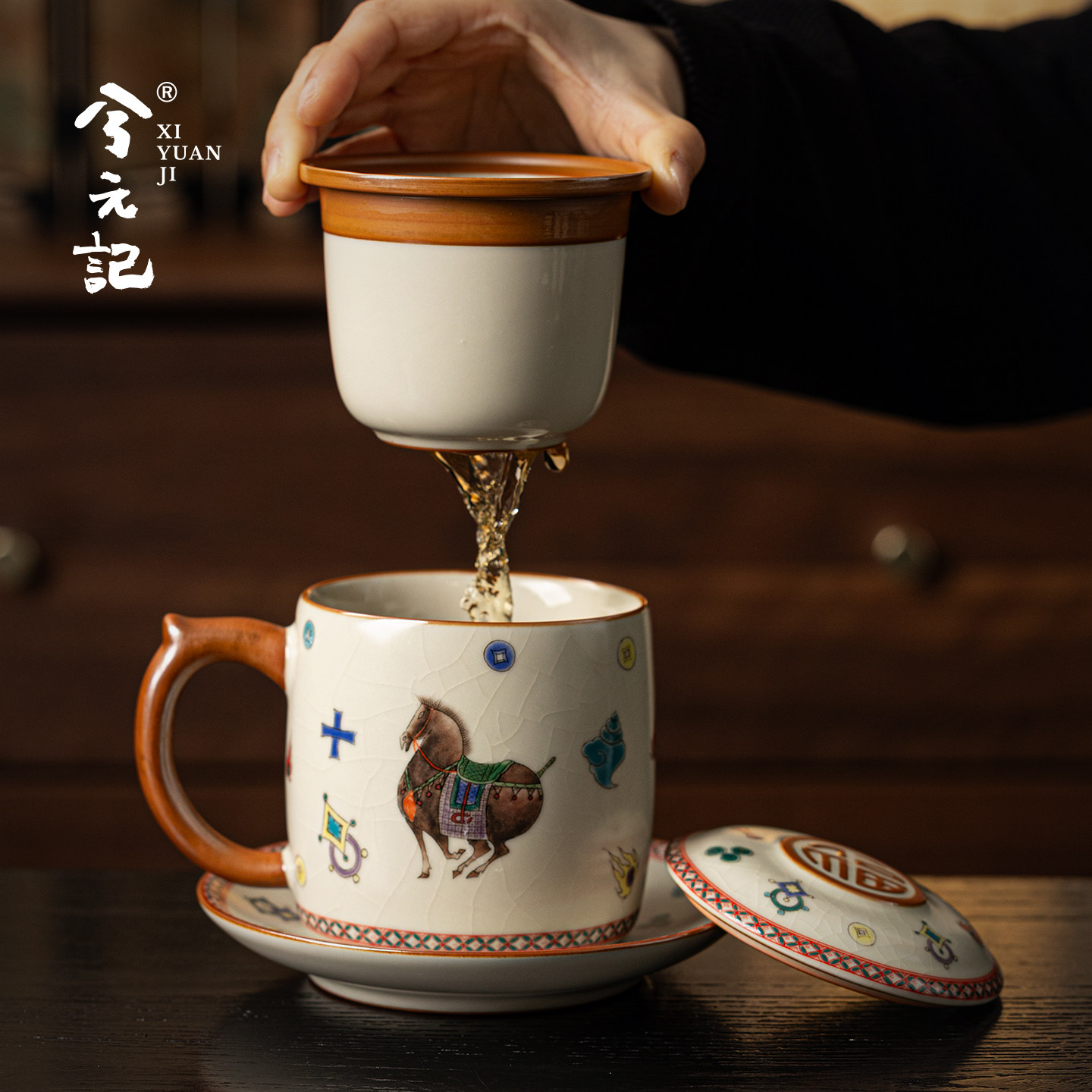 唐马汝窑茶杯陶瓷茶水分离杯办公室个人专用泡茶杯家用带盖杯子