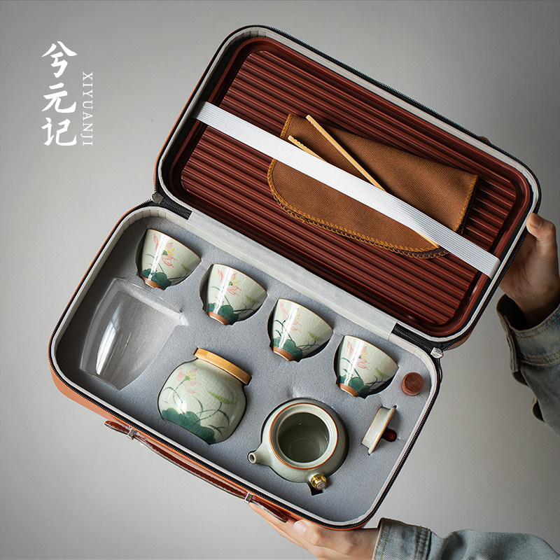 手绘哥窑旅行茶具套装家用户外露营喝茶泡茶侧把茶壶茶杯2025新款