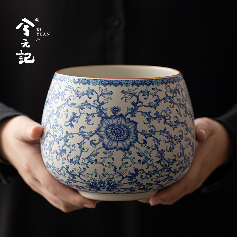 青花汝窑茶渣缸陶瓷茶洗建水大号水盂废水茶水桶功夫茶具茶道配件