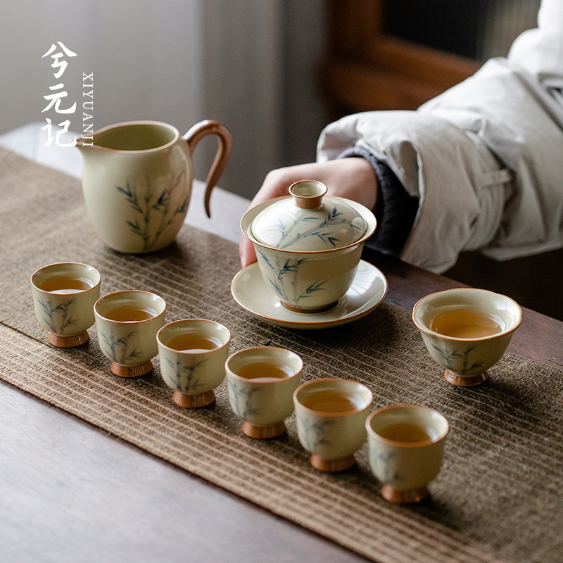 手绘汝窑盖碗茶杯功夫茶具套组2025新款陶瓷家用中式轻奢高档泡茶