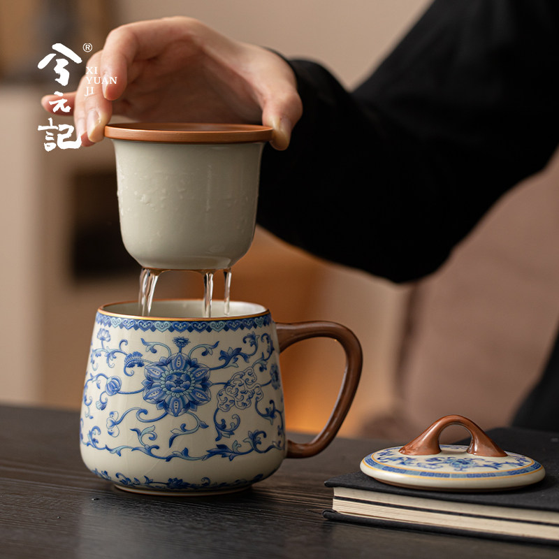 兮元记青花汝窑茶杯陶瓷茶水分离杯办公室过滤泡茶杯家用带盖杯子