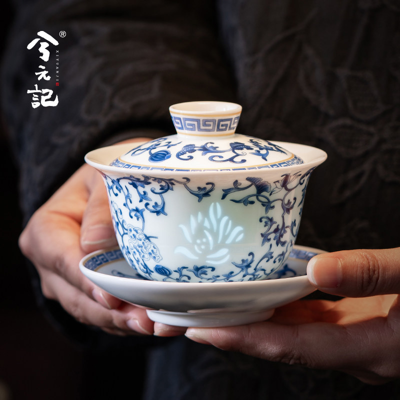 青花羊脂玉瓷玲珑瓷三才盖碗茶杯单个高档陶瓷三件套泡茶功夫茶具
