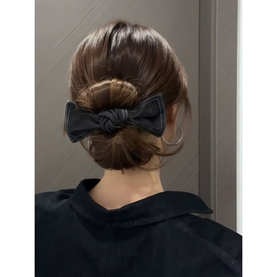 黑色蝴蝶结珍珠发圈女新款 牛仔蓝大肠圈皮筋丸子头头绳发绳发饰