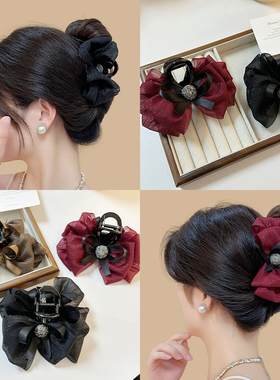 新年红色水钻泡泡纱蝴蝶结发夹女盘发抓夹子头饰后脑勺鲨鱼发卡
