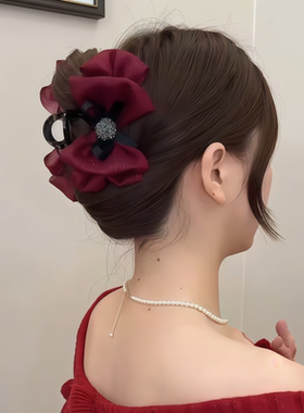 红色新年发饰网纱泡泡蝴蝶色抓夹女后脑勺发夹本命年过年夹子头饰