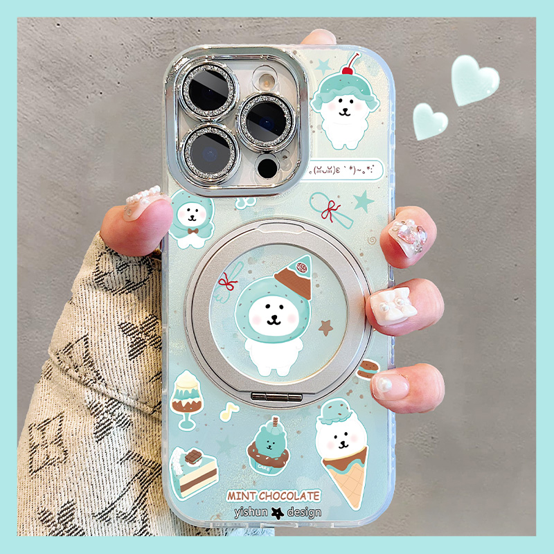 海盐甜筒自嘲熊适用苹果16promax手机壳360旋转支架壳17pro磁吸支点壳iPhone14plus镜头全包13女款16pm保护套