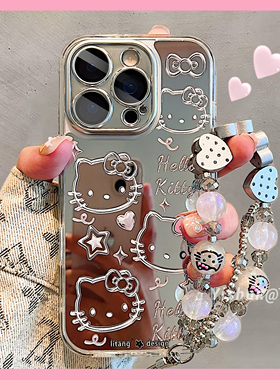 可爱ins线条Kitty星星涂鸦适用苹果手机壳16ProMax补妆镜面iPhone15个性14Plus镜头全包17女款13pm小众保护套