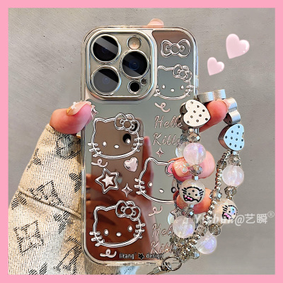 可爱ins线条Kitty星星涂鸦适用苹果手机壳16ProMax补妆镜面iPhone15个性14Plus镜头全包17女款13pm小众保护套