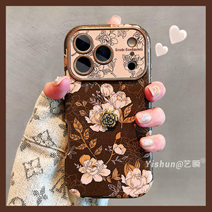 秋冬高级感棕色素描山茶花适用苹果手机壳17/16promax皮质iphone15高级感新款14女款ip13复古17Pro全包保护套