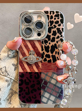 秋冬复古棕色拼接豹纹格子适用iPhone16ProMax手机壳苹果17pro时尚15全包镜头13全包硅胶14pro防摔ip12保护套