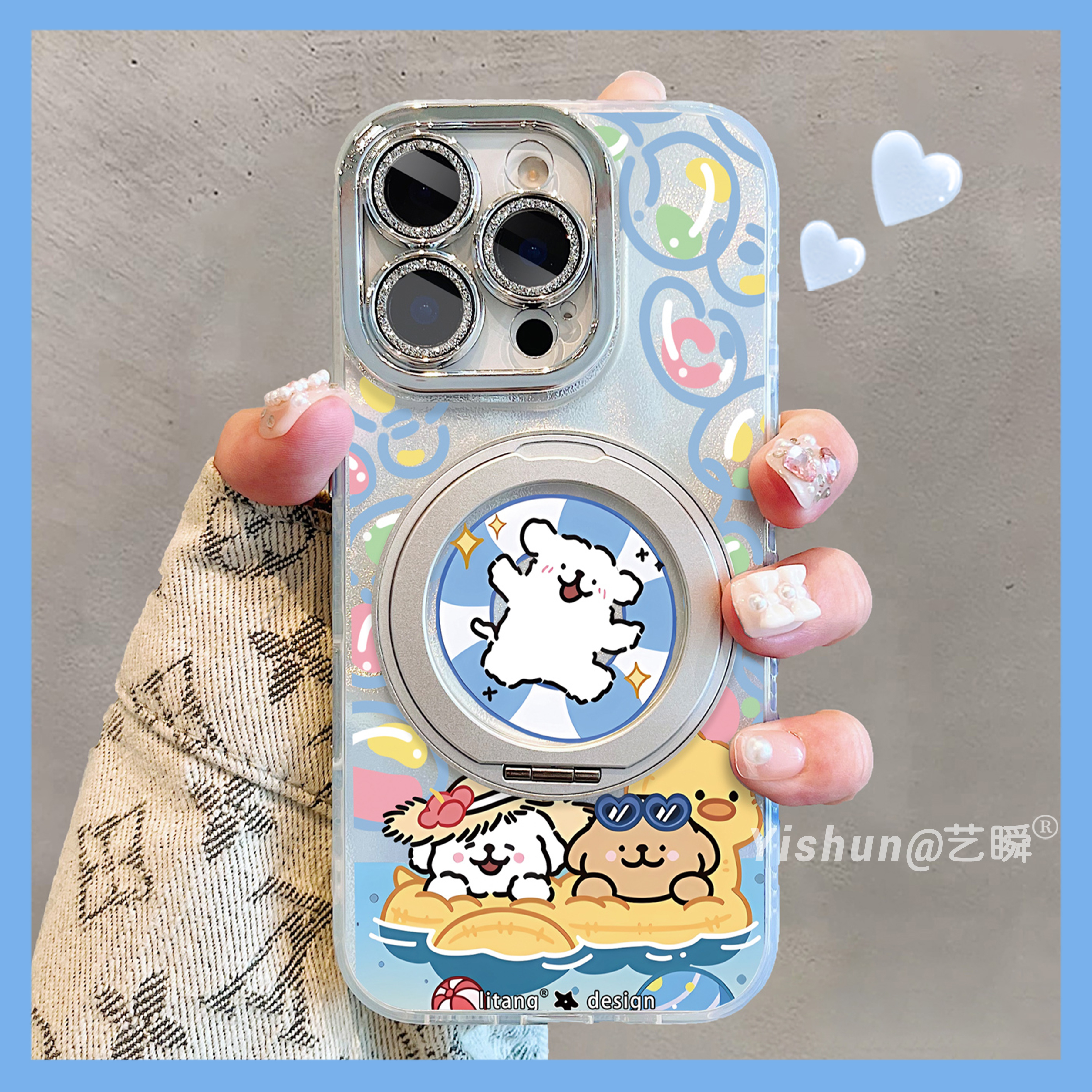 夏日系泳池度假线条小狗适用苹果16promax手机壳360旋转支架17pro卡通趣味iPhone14镜头全包15pm新款13保护套