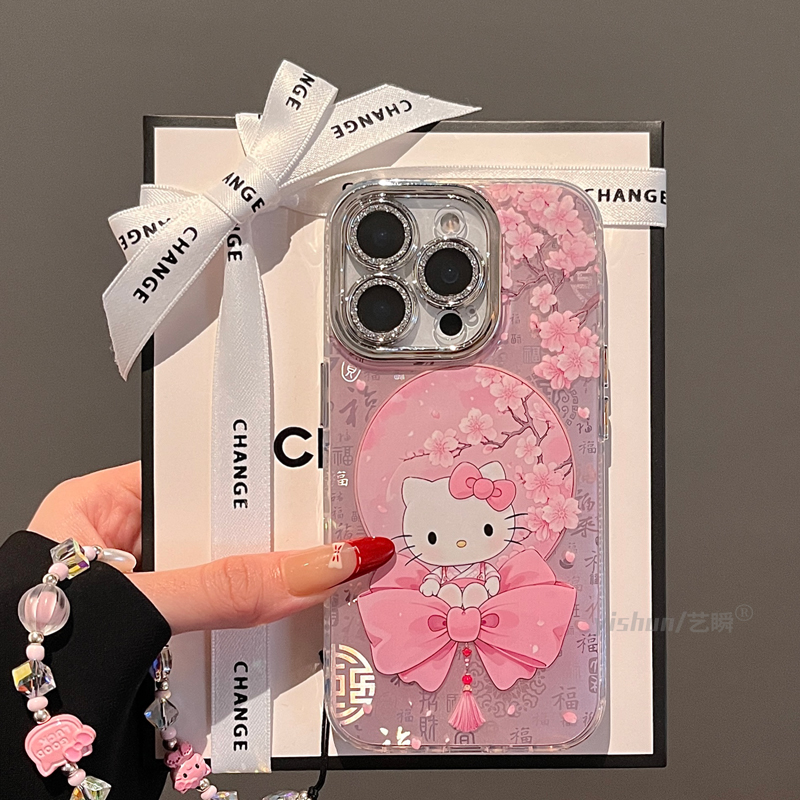 适用苹果16promax手机壳春季新款iphone17唯美粉樱花蝴蝶结kt猫14plus创意小众13pm新中式15女款16pro保护套