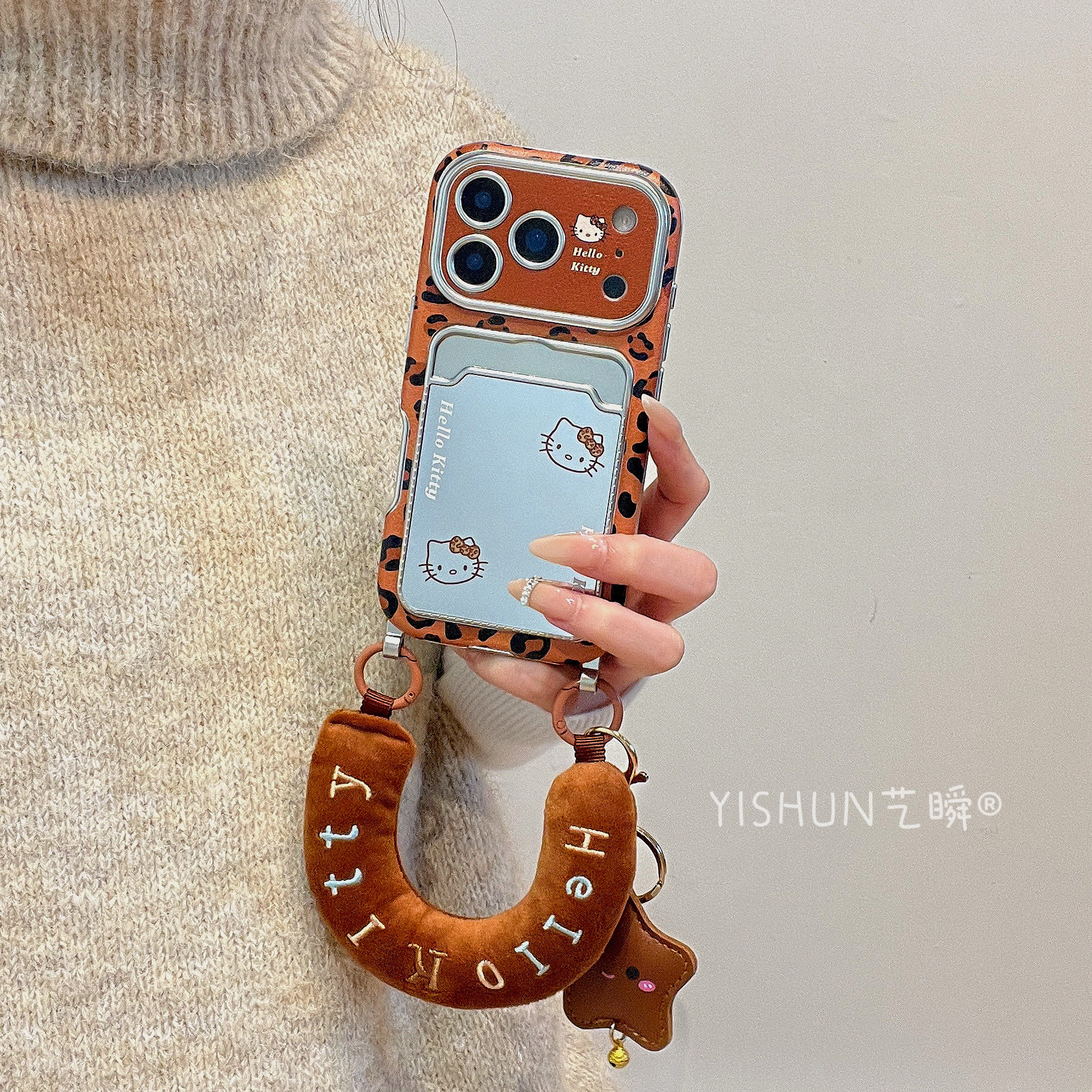 甜酷镜面豹纹kt猫适用iPhone17ProMax手机壳苹果16插卡包17pro大视窗13全包镜头15带挂绳14复古女款ip保护套