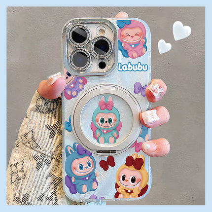 蝴蝶结的Labubu适用苹果iPhone16promax手机壳支点壳15pro卡通新款360旋转支架14plus创意13女款ip16官保护套
