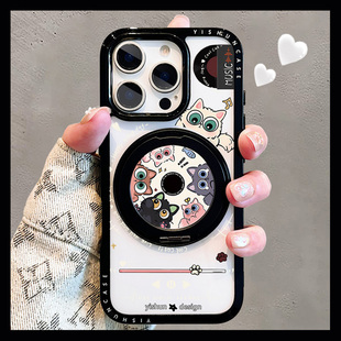 猫咪CD机唱片适用苹果16ProMax手机壳新款360旋转磁吸支架iPhone15透明13创意可爱女款14plus支点壳pro保护套