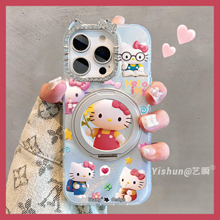 保护套 立体感Kitty猫适用苹果16promax手机壳360旋转支架iPhone15pro支点壳14plus满钻猫咪13pm少女ip16新款