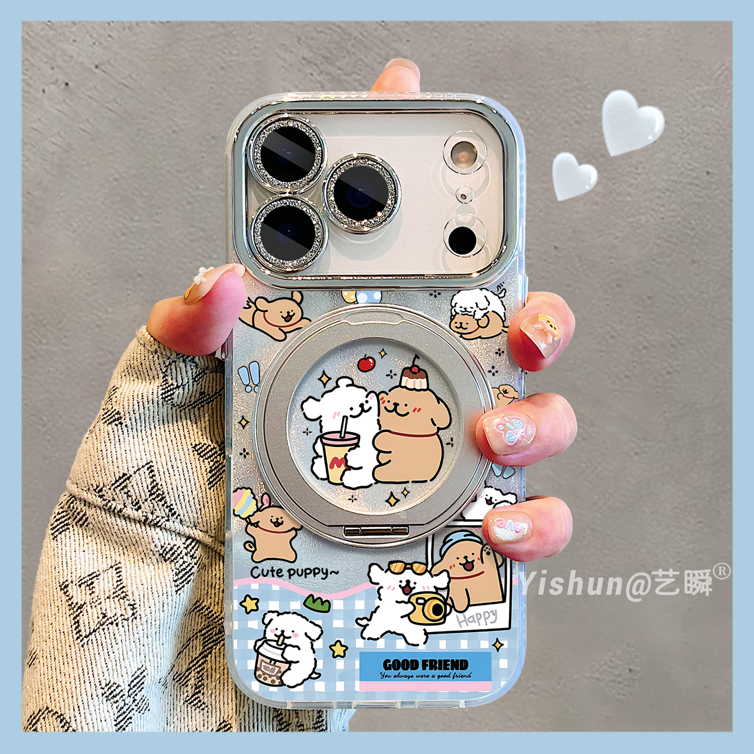 忽尔今夏·线条小狗快乐游玩记适用苹果17/17promax手机壳360旋转支架16pro支点壳iPhone14全包15p女款保护套