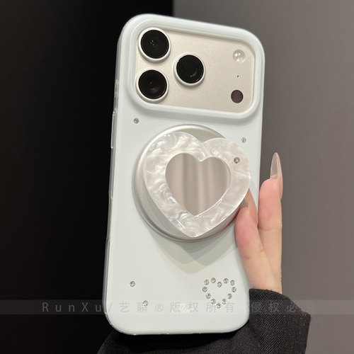 ins清新奶蓝色闪钻磁吸壳适用苹果17ProMax手机壳新款iPhone16pro小镜子镜面支架15轻奢治愈女款14防摔保护套