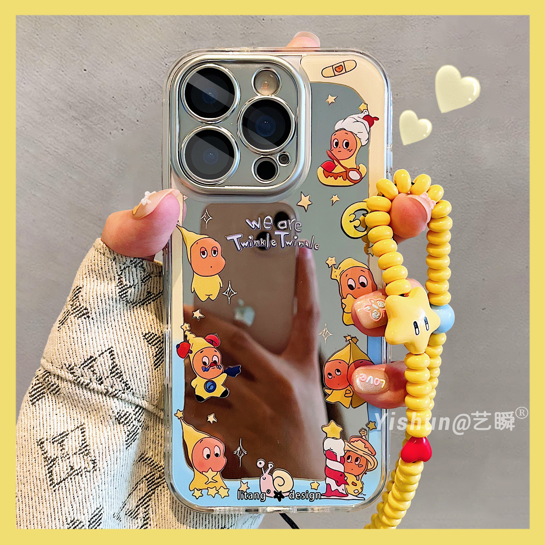 卡通趣味划船星星人围边适用苹果16ProMax手机壳新款iPhone17pro少女可爱14plus补妆镜面13防摔女款15p保护套