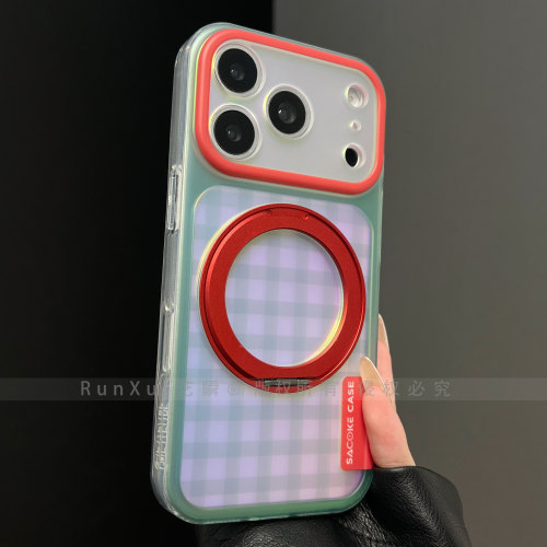 ins清新奶系格纹渐变棋盘格红色精孔大视窗适用苹果18ProMax手机壳iPhone17p360旋转支架16精孔全包15p保护壳