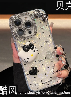 黑色爱心立体kt猫蝴蝶结适用苹果16promax手机壳iphone17pro个性15plus贝壳纹13pro女款渐变爱心12保护套