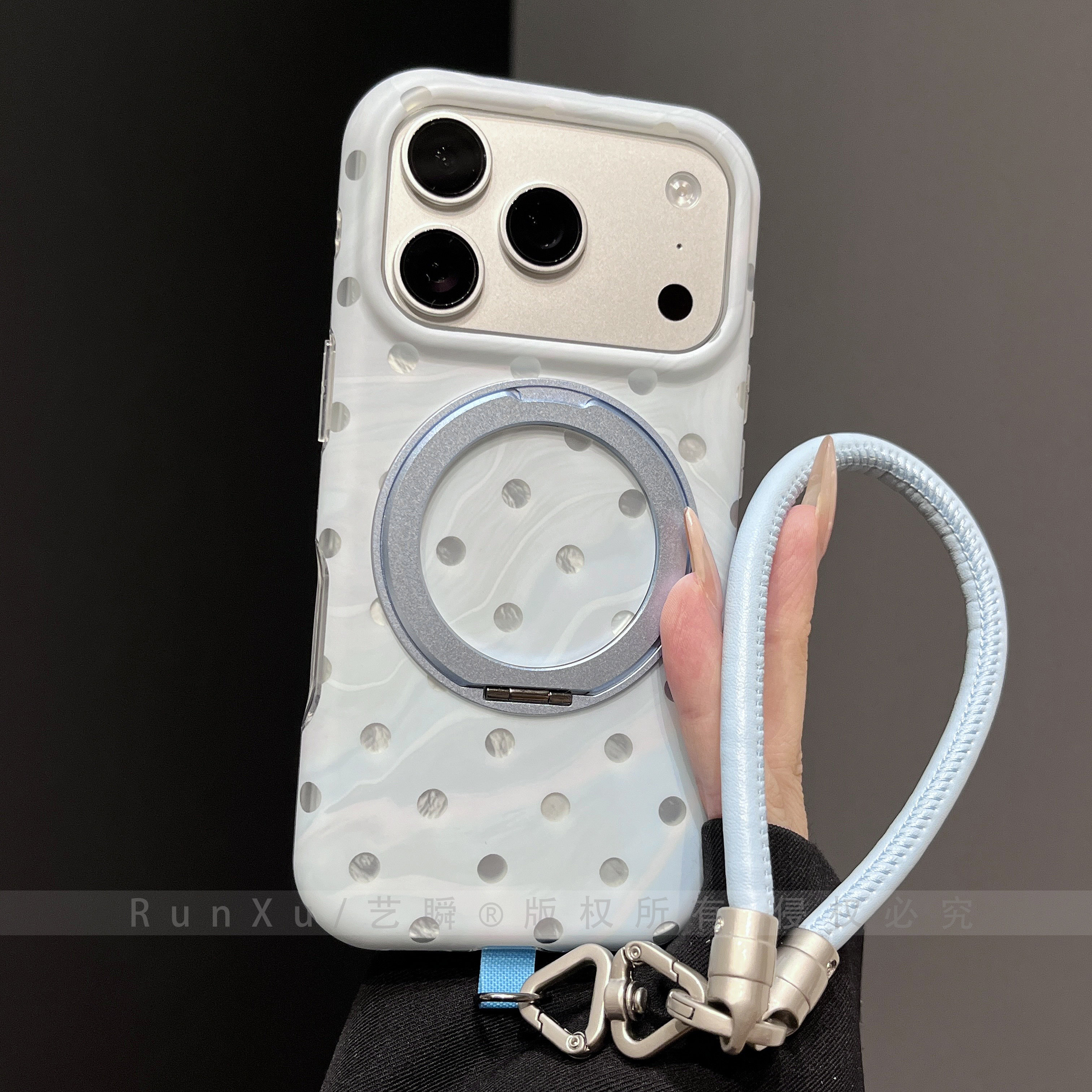 韩系ins奶蓝波点肤感支点适用苹果17ProMax手机壳iPhone16pro新款360磁吸支架15pro带挂绳14pm全包防摔保护壳 - 实物图