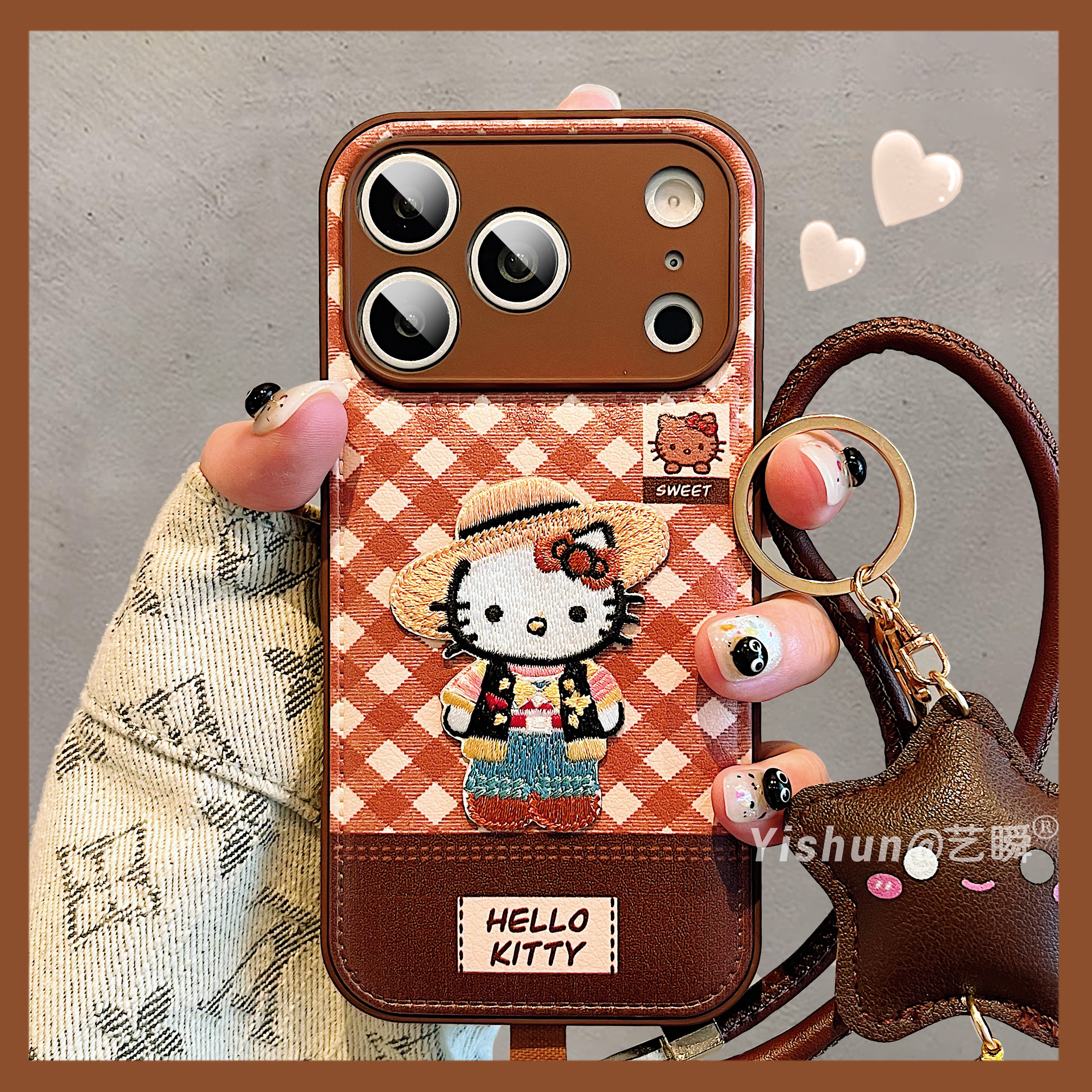 秋冬皮质刺绣kt猫适用iPhone17ProMax手机壳新款女17pro苹果16pro皮质鼓包ip14镜头全包15pm情侣13防摔保护套