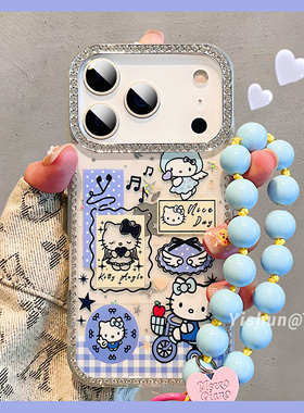 韩系ins呆萌可爱蓝色kt猫适用17ProMax苹果手机壳16pro透明闪钻iPhone新款14硅胶软壳ip13甜美女款15pm保护套