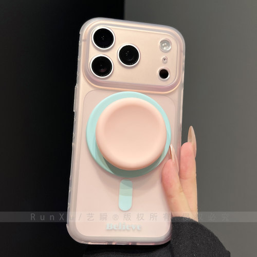 ins甜粉奶蓝撞色液态硅胶气囊支架适用苹果17ProMax手机壳新款iPhone16pro强力磁吸15磨砂肤感17pm全包保护套