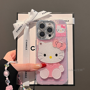 適用蘋果16promax手機殼新款 13全包鏡頭11p保護套 iPhone15ProMax少女可愛閃粉貼片補妝鏡kt貓14pro高級感女款