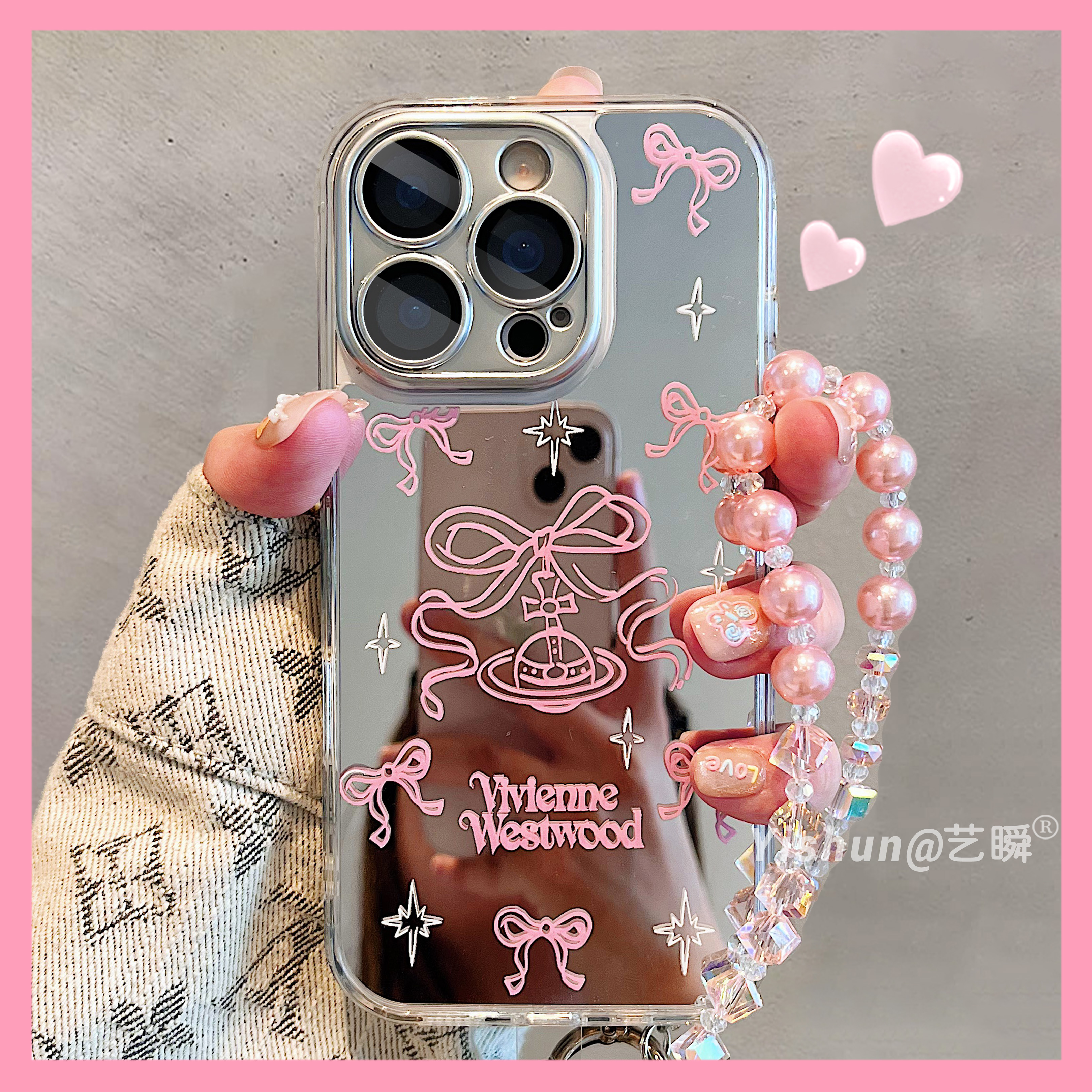 少女心粉色蝴蝶结星球适用苹果16ProMax手机壳新款iPhone15pro高级感小众ip17补妆镜面13pro女款14镜子保护套