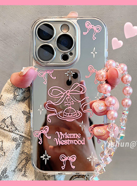 少女心粉色蝴蝶结星球适用苹果16ProMax手机壳新款iPhone15pro高级感小众ip17补妆镜面13pro女款14镜子保护套