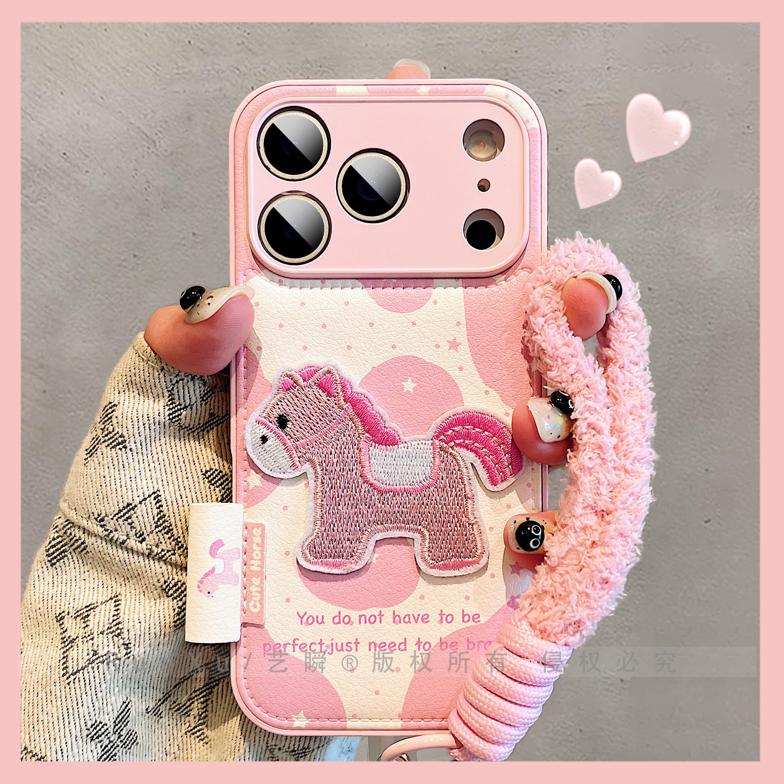 皮质卡通粉白撞色刺绣小马适用iPhone17ProMax手机壳马年新款苹果16pro新款14精孔全包15pro皮质17女保护套