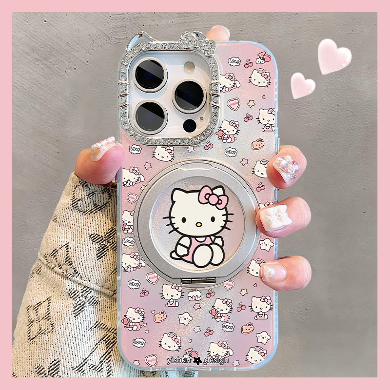 甜心晕染粉Kitty猫适用苹果16promax手机壳360旋转支架iPhone15pro支点壳14凯蒂猫13pm少女心16pro磁吸ip新款