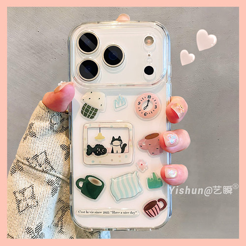 高透精孔DIY透明小鱼猫咪适用苹果17ProMax个性手机壳iPhone16高级韩系14plus简约13透明全包15女款Air保护套