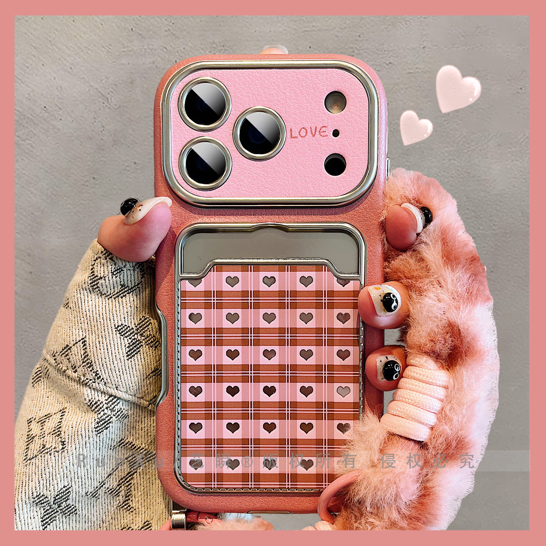 ins少女心粉红格纹爱心适用iPhone17ProMax手机壳苹果16pro新款卡包大视窗13精孔全包ip15防摔14秋冬17保护套