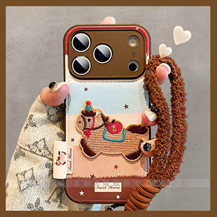 韩系ins设计感拼接刺绣小马适用iPhone17ProMax手机壳苹果16pro新款14精孔全包15马年皮质17防摔情侣女保护套