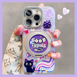 彩色涂鸦猫猫适用苹果16promax手机壳360度旋转支点壳17pro磁吸支架iPhone14plus镜头全包13女款15新款保护套