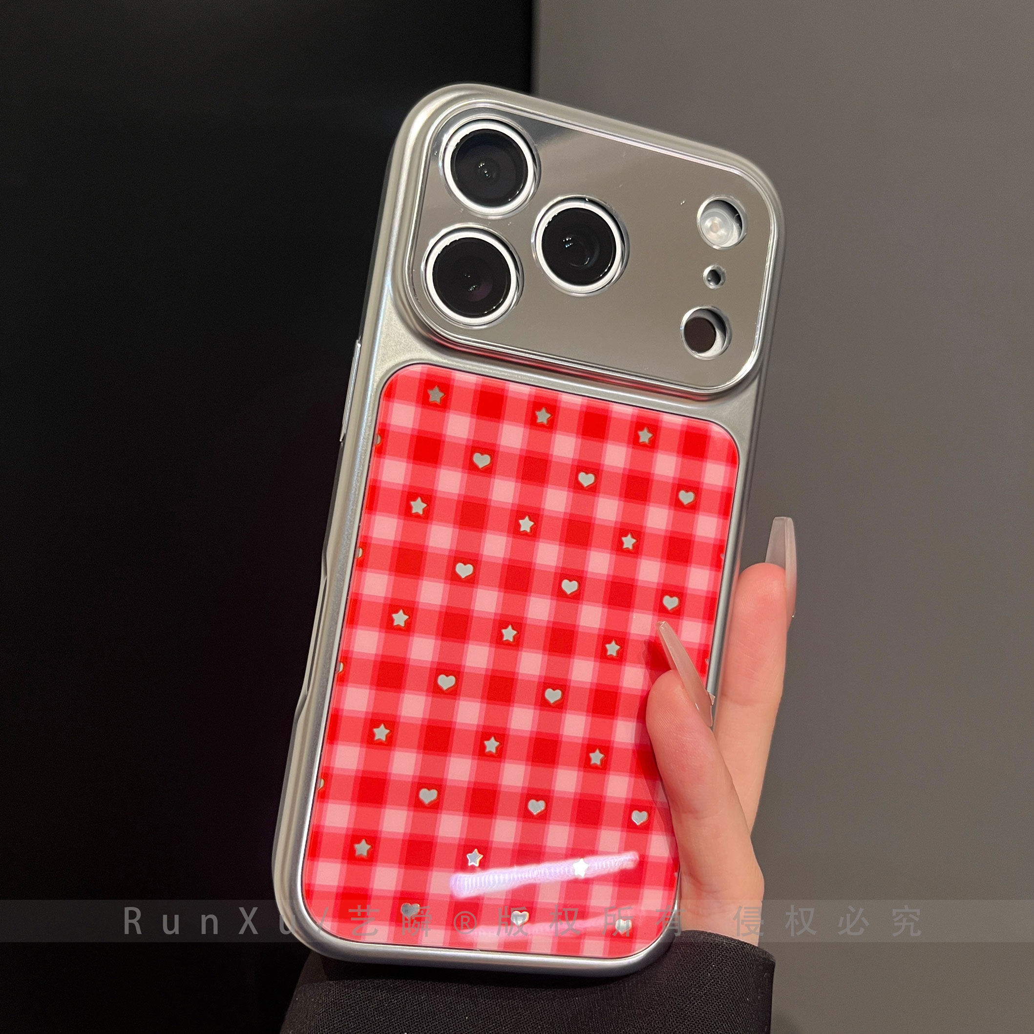 镜面大视窗ins红格纹星星爱心适用iPhone17ProMax手机壳新款苹果16电镀全包13简约女款ip15pro高颜值14保护套,3C数码配件,手机保护套/壳,淘宝优惠券,粉丝福利购,淘宝优惠卷