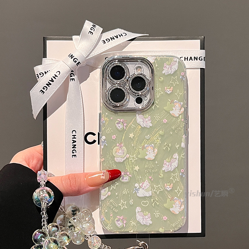 适用苹果16promax手机壳2025新款iphone17pro超萌满屏青苹果小猫14plus日韩卡通13可爱女款15pm全包12保护套