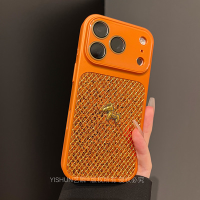奢华艺术爱马仕橙闪粉亮片马年立体金马适用iPhone17ProMax手机壳苹果16大视窗13自带镜头膜ip15新年14保护套