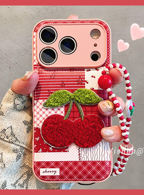 ins红色系条纹格纹波点立体毛绒樱桃适用iPhone17ProMax手机壳苹果16pro皮质鼓包13全包镜头15可爱14女保护套