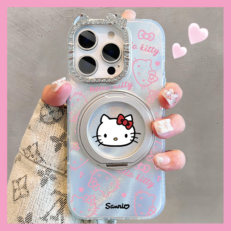 粉色线条涂鸦凯蒂猫360度旋转支架适用苹果16promax手机壳iPhone15pro支点壳14满钻猫咪镜框13pm个性ip保护套